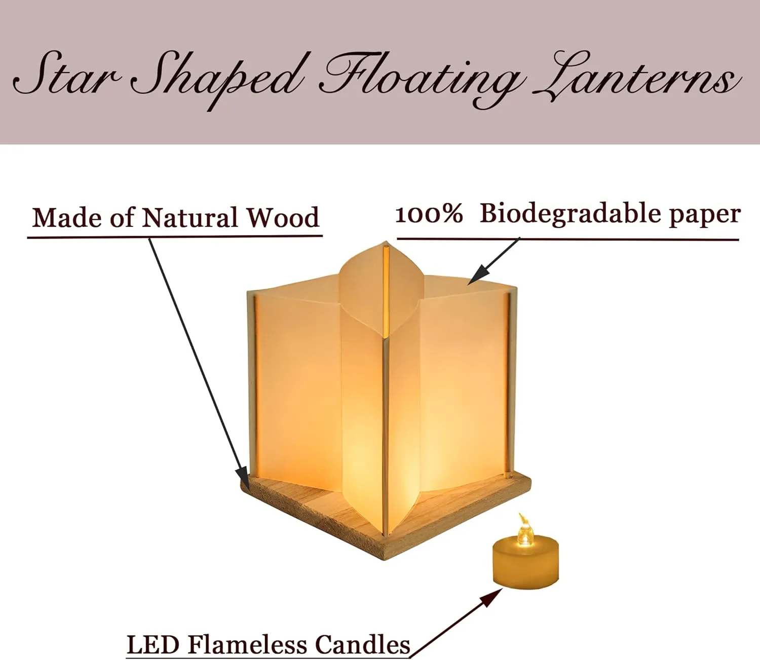 10 Pack 6" Star Shaped Floating Lanterns with Waterproof Wooden Base Sets, Paper Water Lanterns Decoration with LED Tealight Candle (10Sets Lanterns Flameless LED Candles)