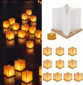 10 Pack 6" Star Shaped Floating Lanterns with Waterproof Wooden Base Sets, Paper Water Lanterns Decoration with LED Tealight Candle (10Sets Lanterns Flameless LED Candles)