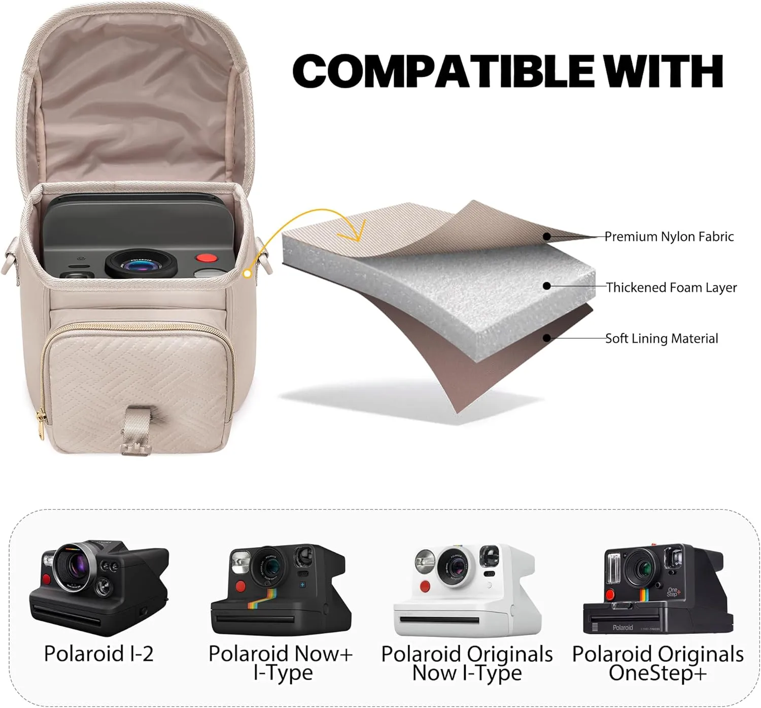 Camera Sling Bag Compatible with Polaroid Now 2nd Instant Camera, Crossbody Bag with Adjustable Strap, Light Tan