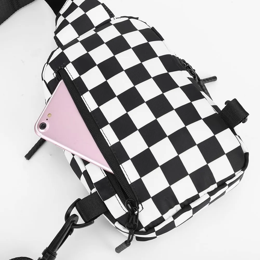 Checkered Sling Bag for Women, Checkered Crossbody Bags Small Chest Bag Trendy Waist Bag Fanny Packs for Men and Women (BLACK)