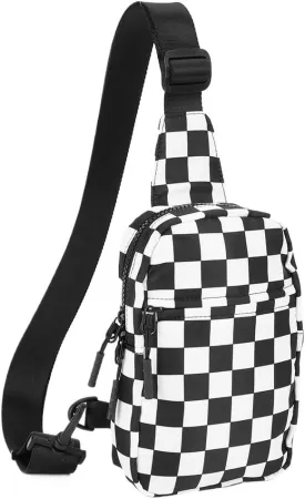Checkered Sling Bag for Women, Checkered Crossbody Bags Small Chest Bag Trendy Waist Bag Fanny Packs for Men and Women (BLACK)
