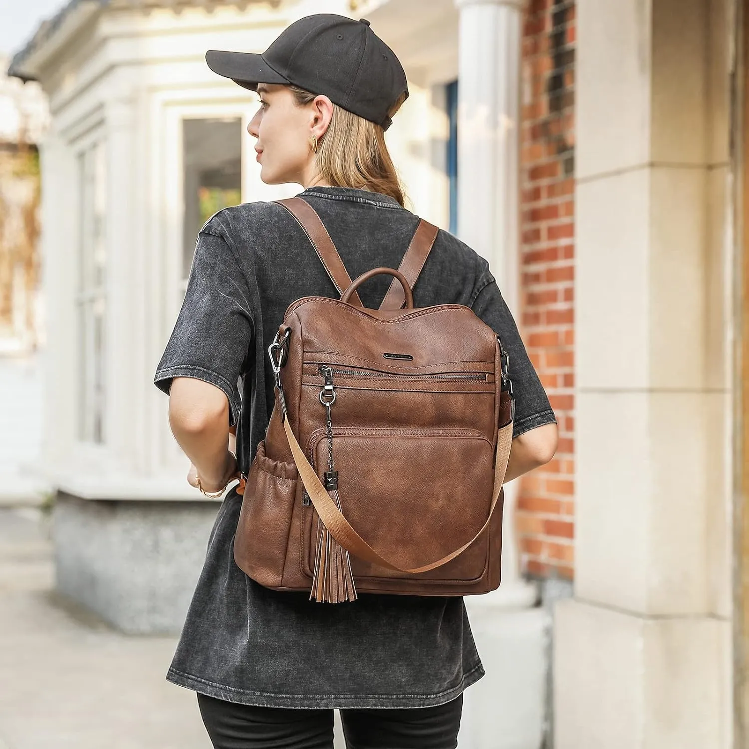 CLUCI Backpack Purse for Women Large Womens Backpack Leather Travel Backpack Fashion Backpack Purse Designer Ladies Shoulder Bags with Tassel Two-toned Brown