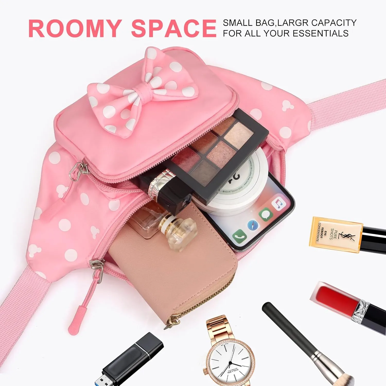 Cute Pink Fanny Pack for Girls Kids Travel Waist Pack Bowknot Polka Dot Mini Mouse Fanny Packs Teen Girls Cartoon Belt Bag Hiking Bum Bags Outdoor Waist Bag with Mouse Ears