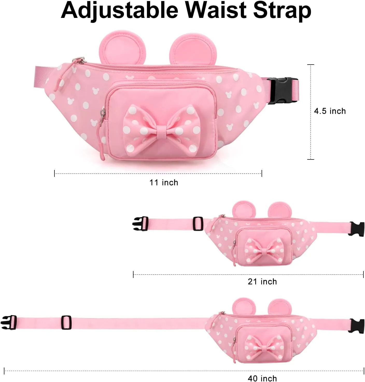 Cute Pink Fanny Pack for Girls Kids Travel Waist Pack Bowknot Polka Dot Mini Mouse Fanny Packs Teen Girls Cartoon Belt Bag Hiking Bum Bags Outdoor Waist Bag with Mouse Ears