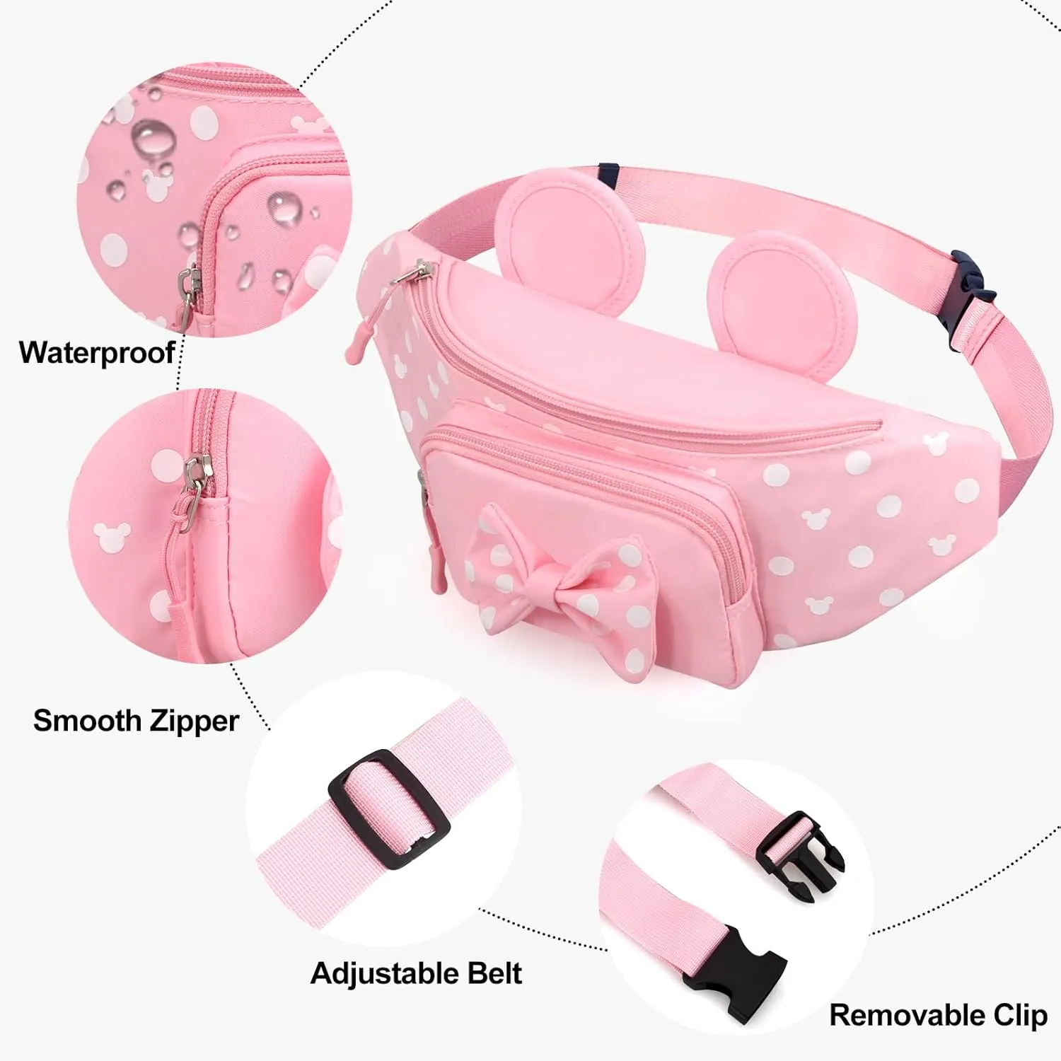 Cute Pink Fanny Pack for Girls Kids Travel Waist Pack Bowknot Polka Dot Mini Mouse Fanny Packs Teen Girls Cartoon Belt Bag Hiking Bum Bags Outdoor Waist Bag with Mouse Ears