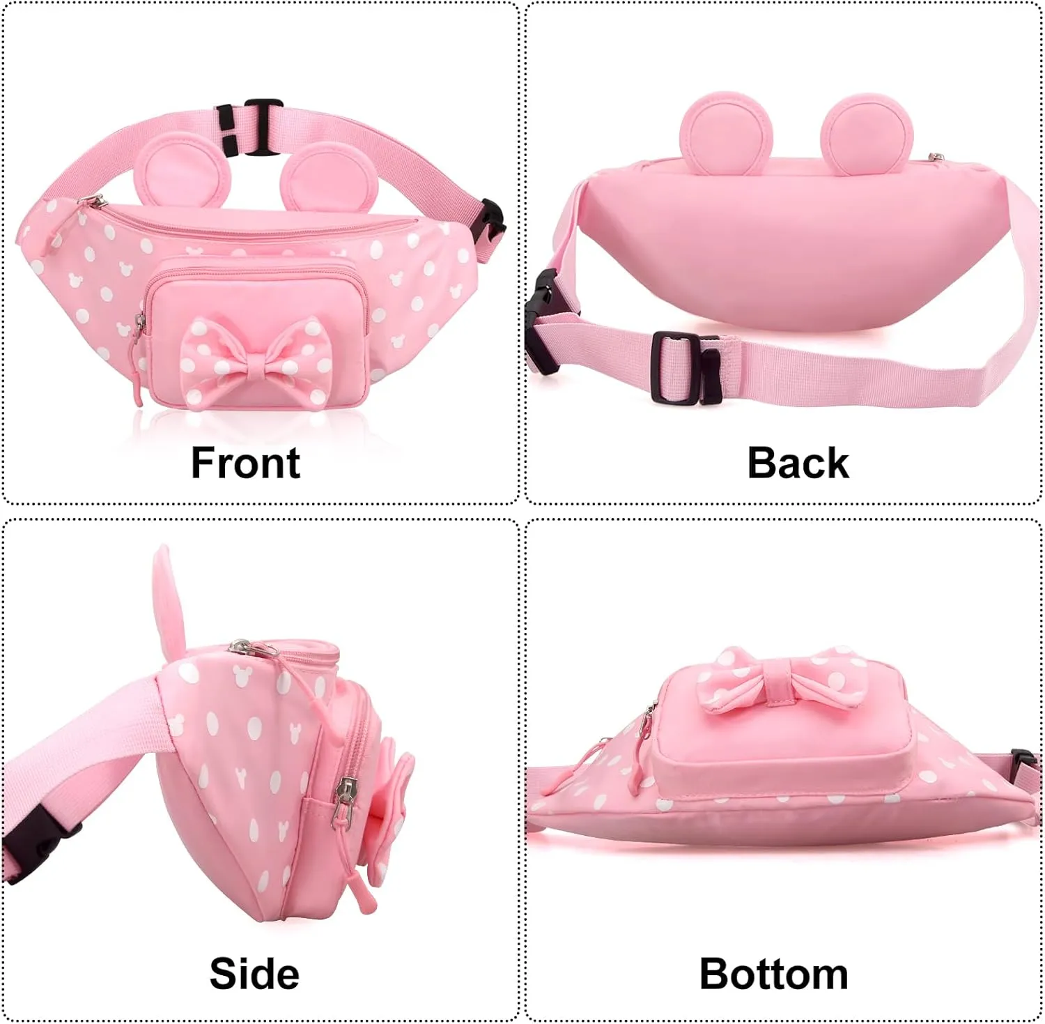 Cute Pink Fanny Pack for Girls Kids Travel Waist Pack Bowknot Polka Dot Mini Mouse Fanny Packs Teen Girls Cartoon Belt Bag Hiking Bum Bags Outdoor Waist Bag with Mouse Ears