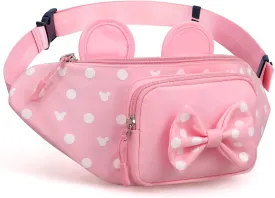 Cute Pink Fanny Pack for Girls Kids Travel Waist Pack Bowknot Polka Dot Mini Mouse Fanny Packs Teen Girls Cartoon Belt Bag Hiking Bum Bags Outdoor Waist Bag with Mouse Ears