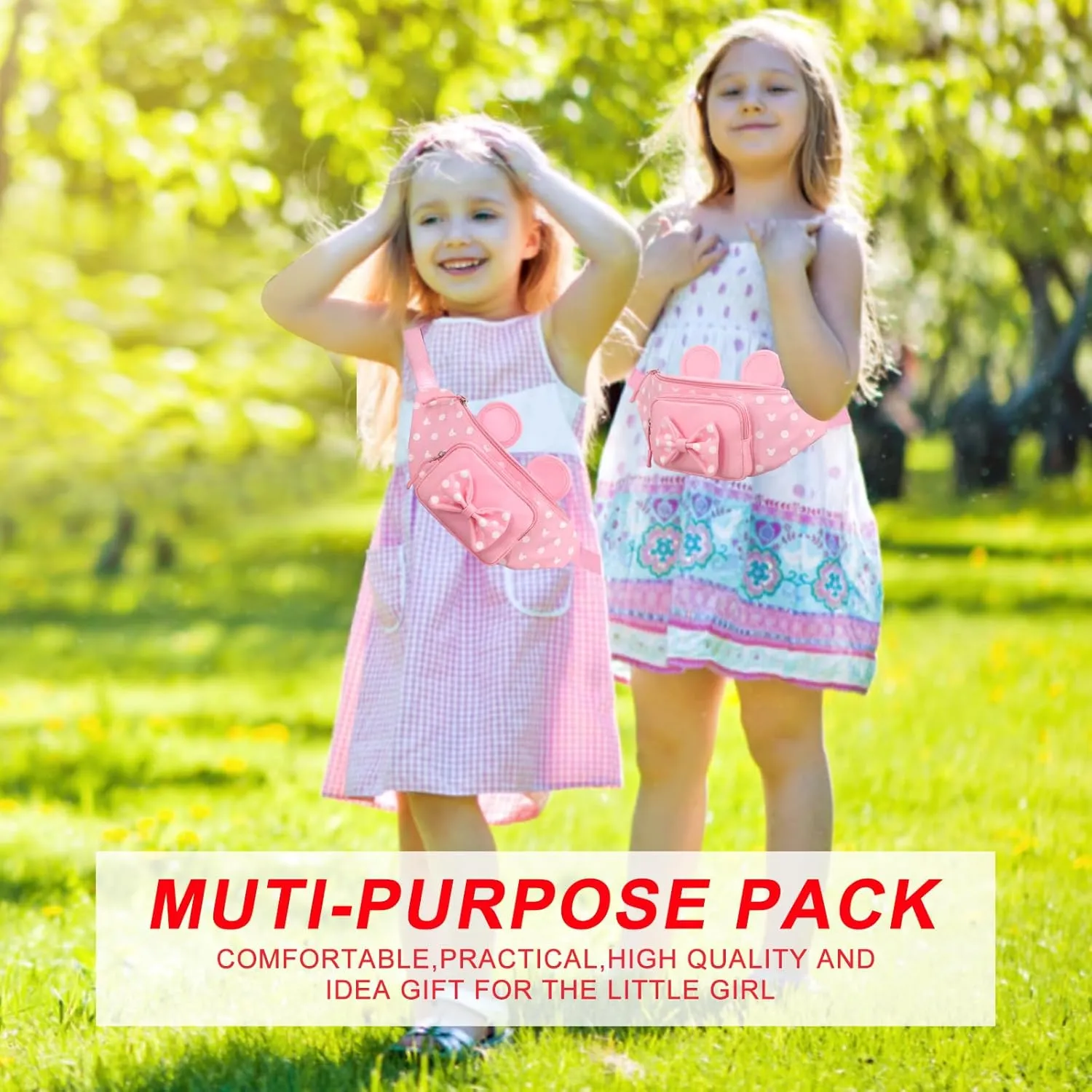 Cute Pink Fanny Pack for Girls Kids Travel Waist Pack Bowknot Polka Dot Mini Mouse Fanny Packs Teen Girls Cartoon Belt Bag Hiking Bum Bags Outdoor Waist Bag with Mouse Ears