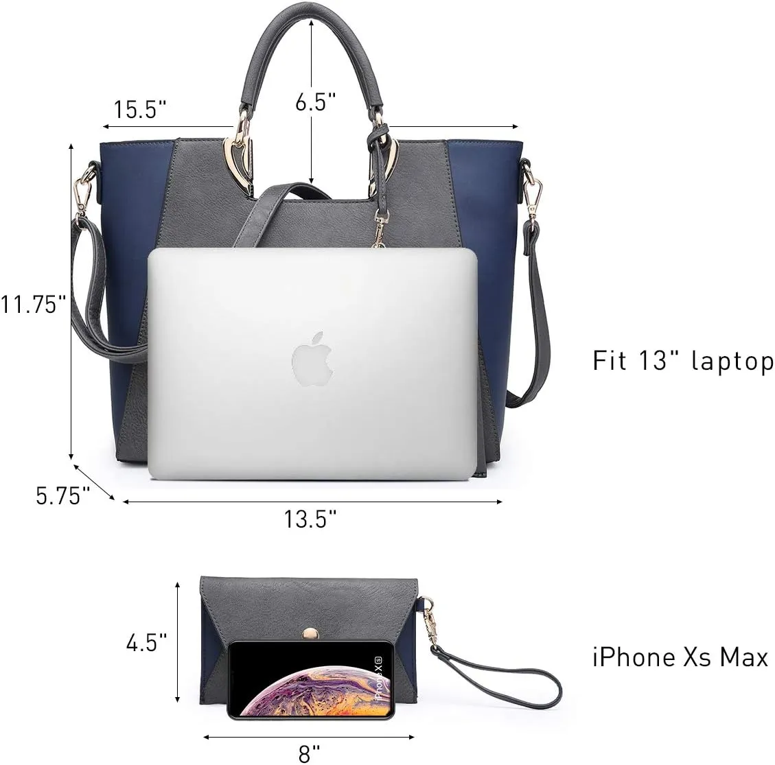 Dasein Women Two Tone Handbag Purse Top Handle Shoulder Bag Tote Hobo Work Bag w/Matching Clutch