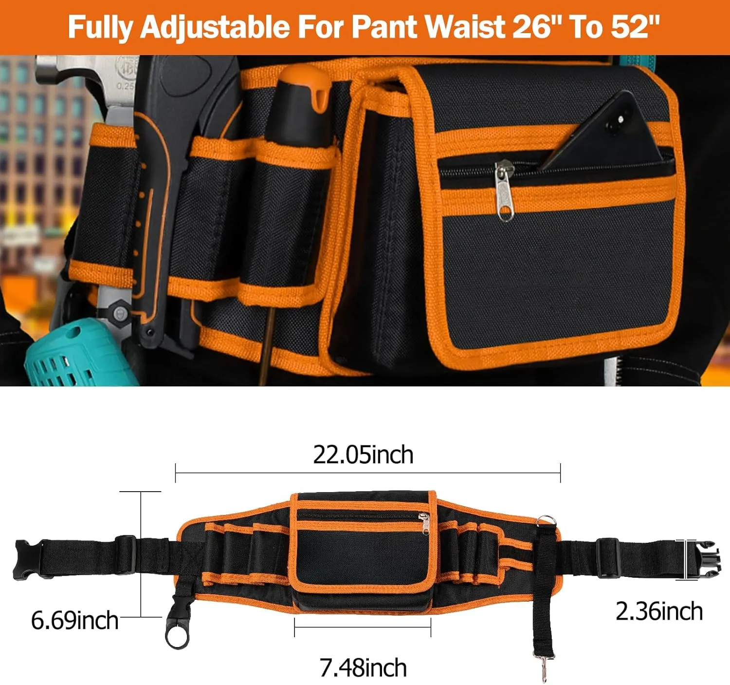 Electrician Tool Waist Bag, Tool Belt Pouch with Multiple Pockets for Carpenter, Construction, Work Apron, Black-Orange