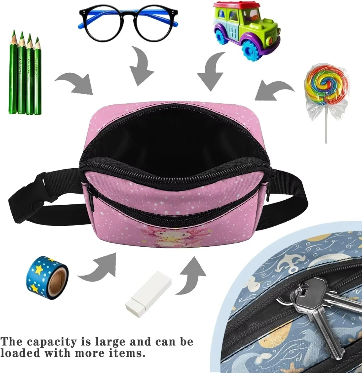 FOR U DESIGNS Kids Fanny Pack for Girls Axolotl Fanny Packs with Adjustable Strap Cute Crossbody Bag Small Belt Bag for Runing Hiking Fashion Waist Packs