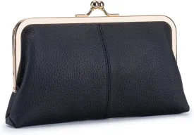 Genuine Leather Kiss Lock Wallet for Women Fashion Purse Clutch with Card Slots and Phone Holder Pocket Kiss Closure