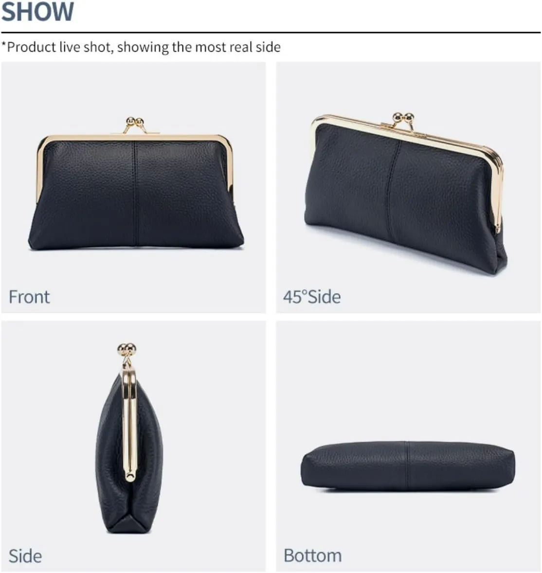 Genuine Leather Kiss Lock Wallet for Women Fashion Purse Clutch with Card Slots and Phone Holder Pocket Kiss Closure