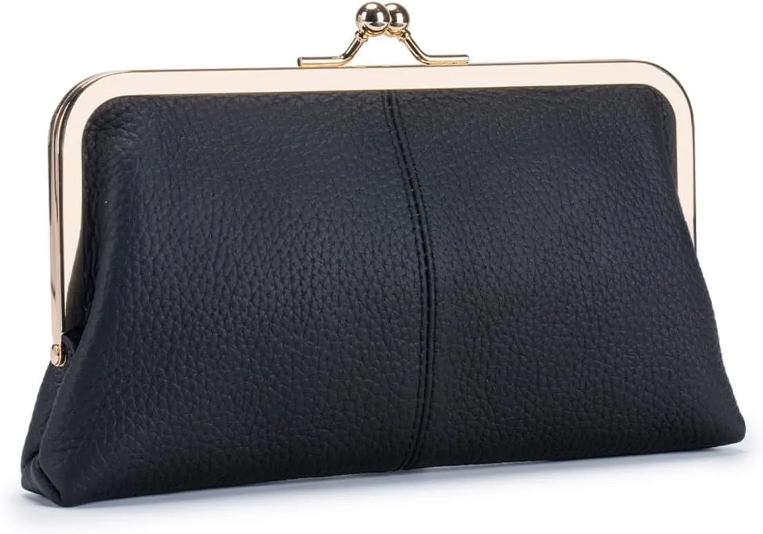 Genuine Leather Kiss Lock Wallet for Women Fashion Purse Clutch with Card Slots and Phone Holder Pocket Kiss Closure