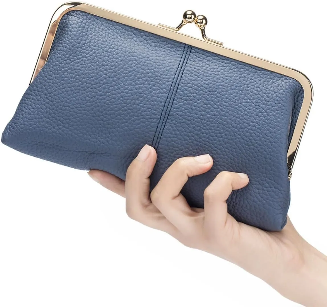 Genuine Leather Kiss Lock Wallet for Women Fashion Purse Clutch with Card Slots and Phone Holder Pocket Kiss Closure