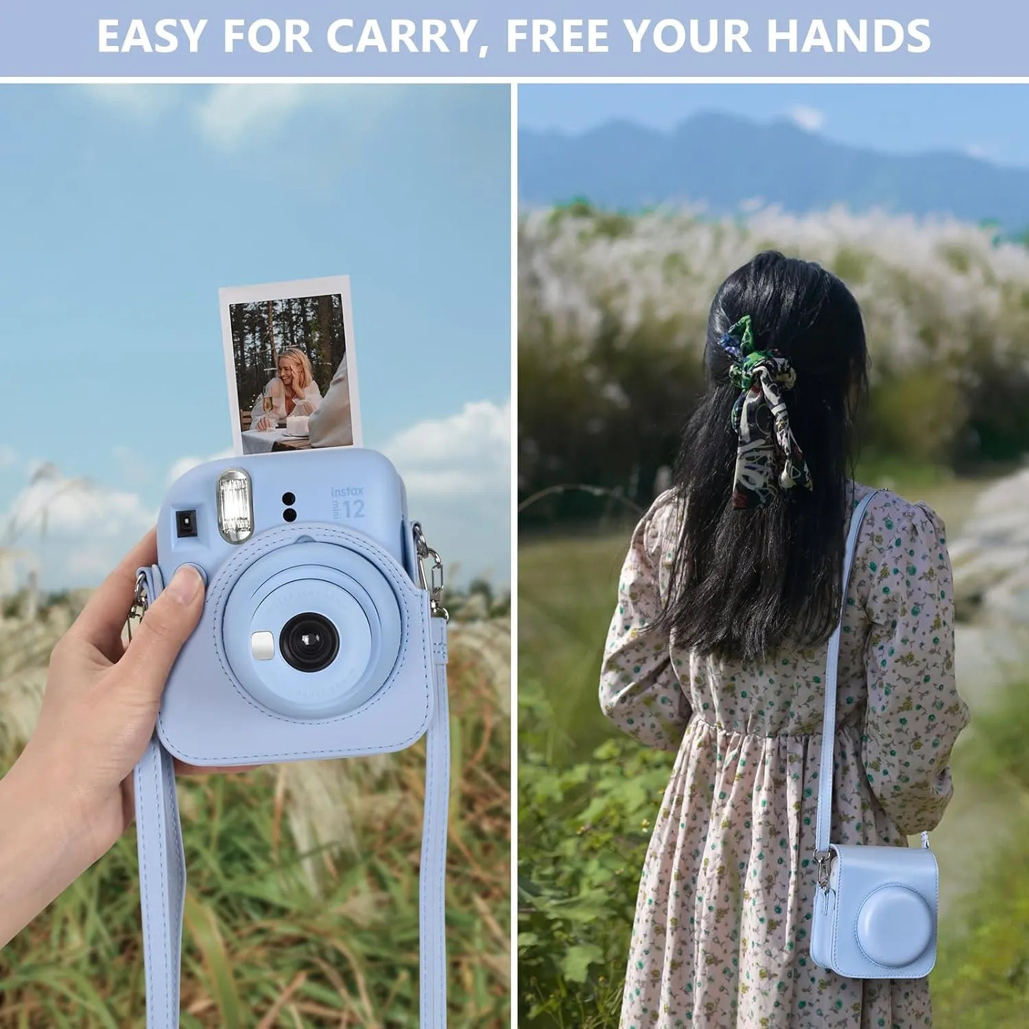 Instant Camera Case Compatible with Fujifilm Instax Mini 12, Polaroid Camera Mini 12 Protective Case with Photo Storage Pocket - Pastel Blue