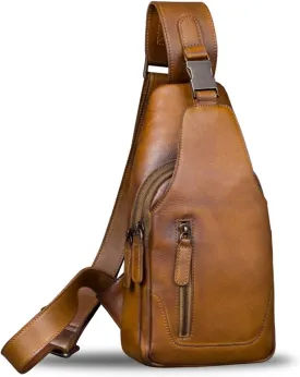 IVTG Genuine Leather Sling Bag for Men and Women Chest Shoulder Crossbody Hiking Backpack Vintage Handmade Daypack