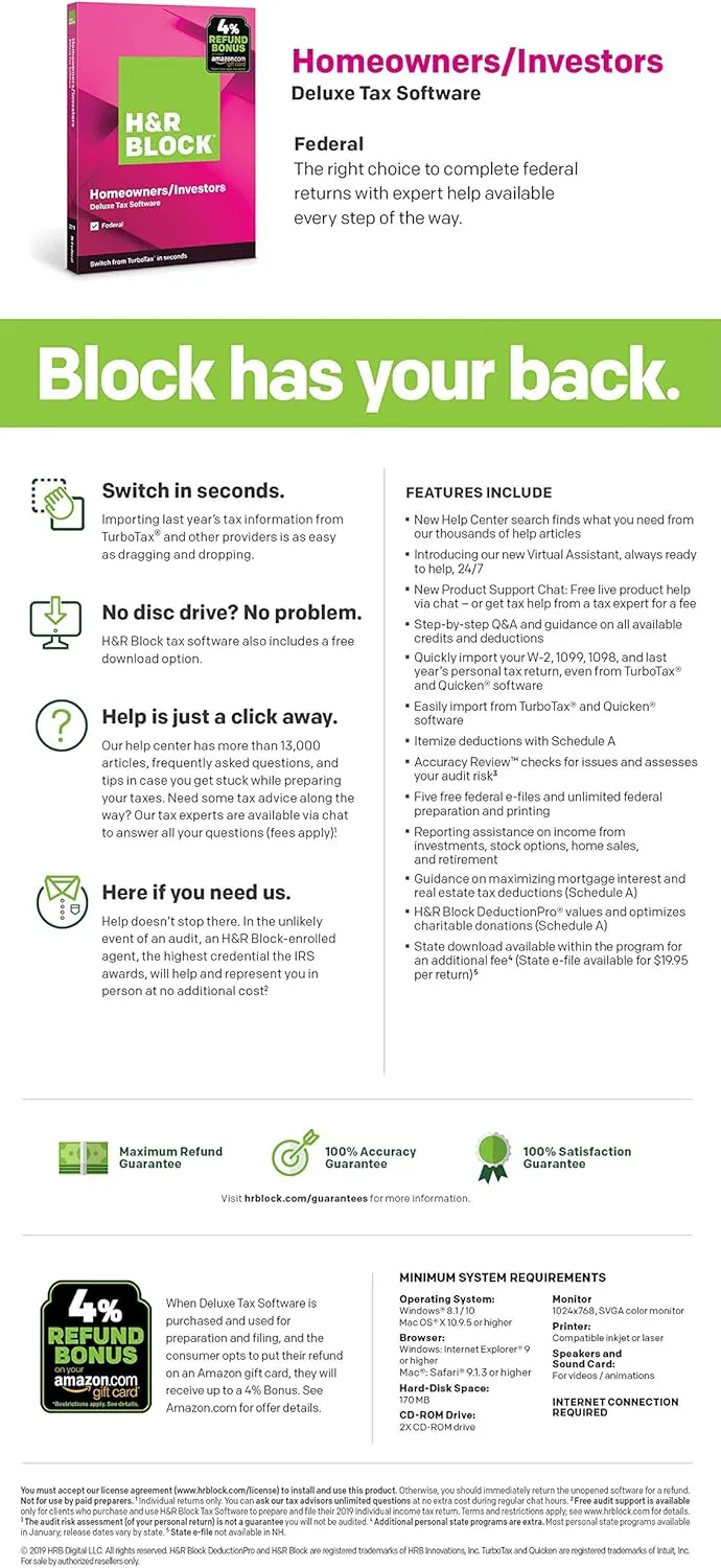 [OLD VERSION] H&R Block Tax Software Deluxe 2019 [Federal Only] [Amazon Exclusive] [PC Download]