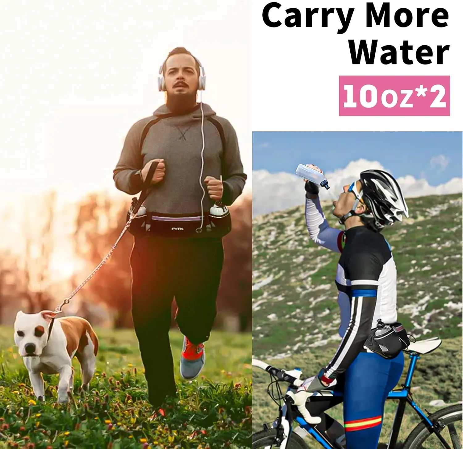 PYFK Upgraded Running Belt with Water Bottles, Hydration Belt for Men and Women, Water Bottle Holder Running Pouch Belt, Fanny Pack Fits 7 inches Phones, Waist pack for Running Hiking Climbing