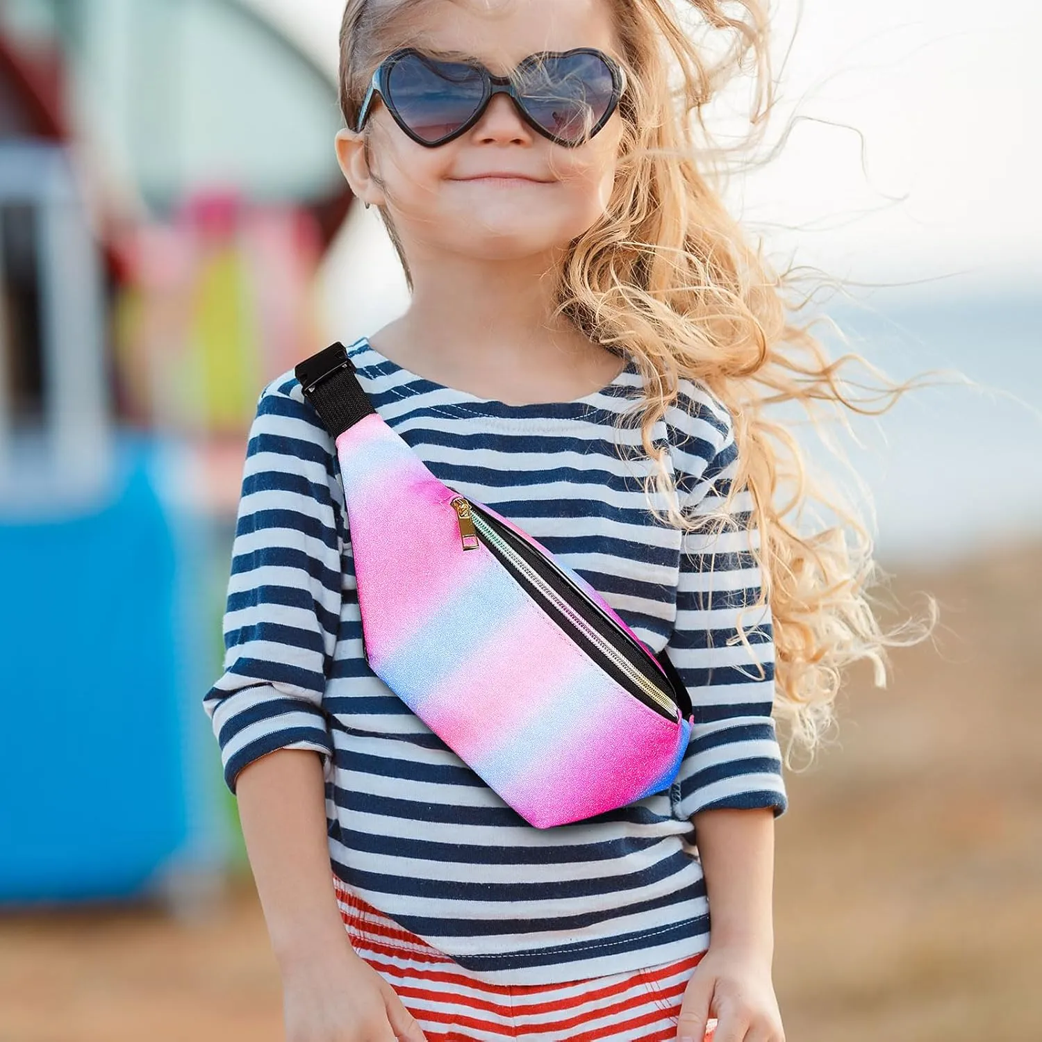 QtGirl Fanny Pack for Kids, Glitter Waist Bag Shiny Bags with Adjustable Belt for Children Sport Running, Camping, Trip