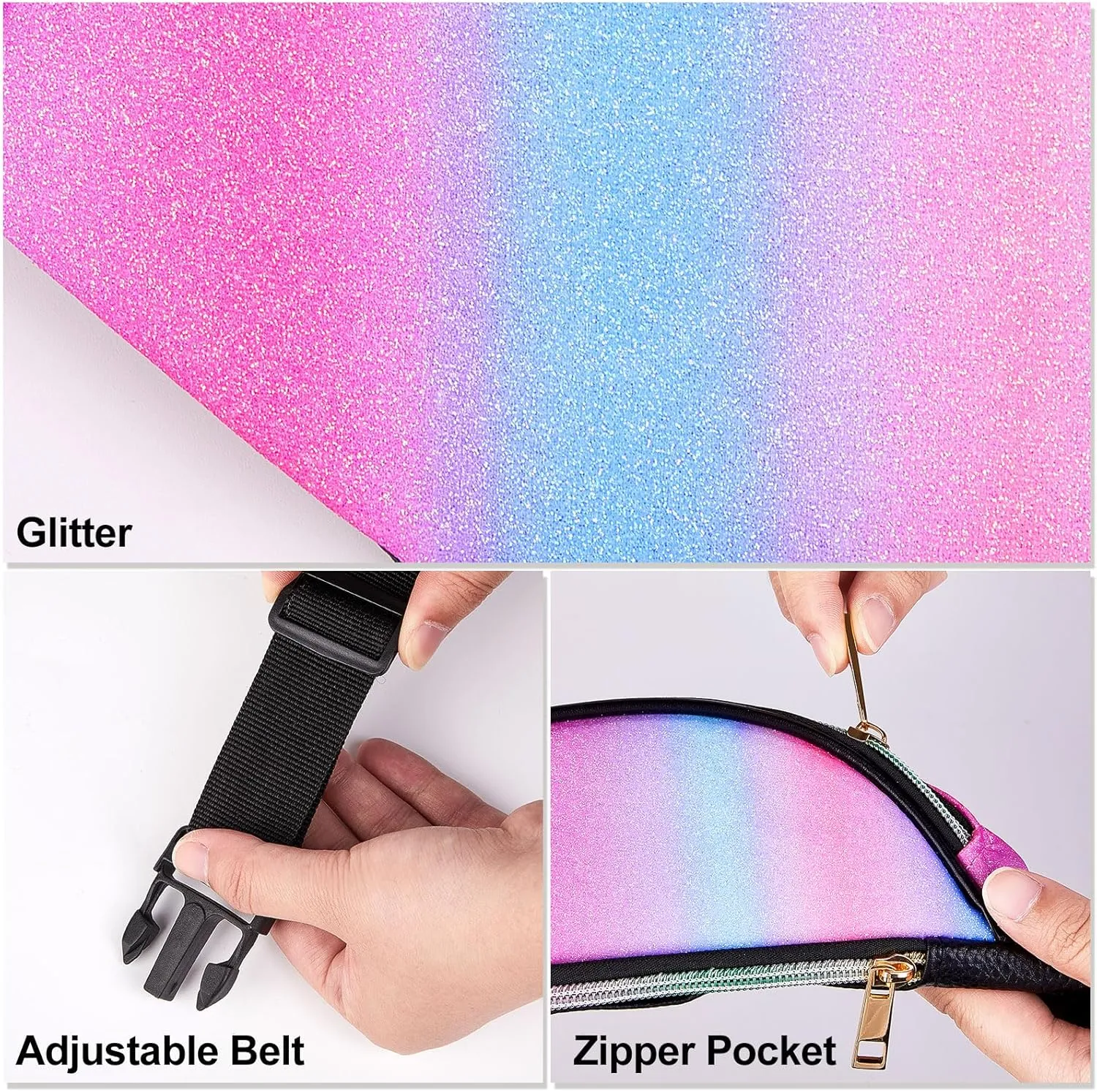 QtGirl Fanny Pack for Kids, Glitter Waist Bag Shiny Bags with Adjustable Belt for Children Sport Running, Camping, Trip