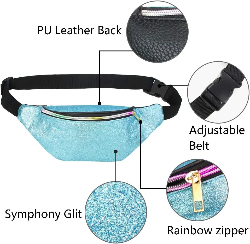 QtGirl Fanny Pack for Kids, Glitter Waist Bag Shiny Bags with Adjustable Belt for Children Sport Running, Camping, Trip