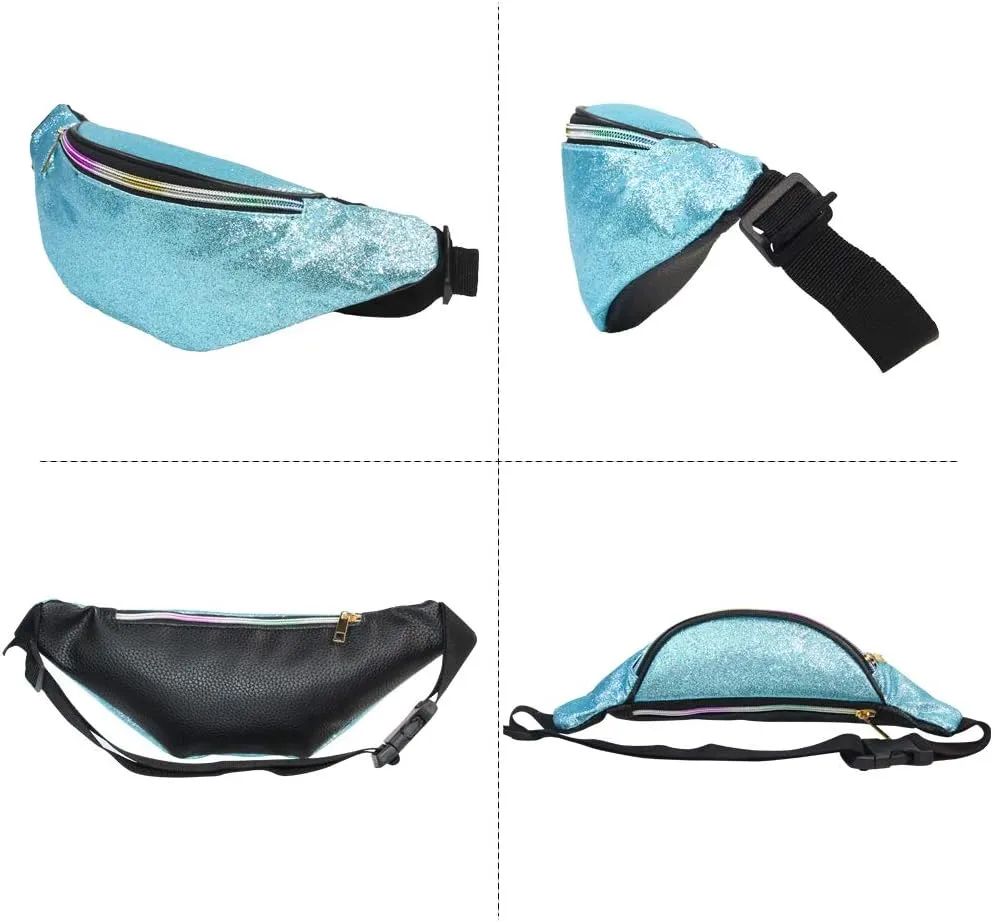 QtGirl Fanny Pack for Kids, Glitter Waist Bag Shiny Bags with Adjustable Belt for Children Sport Running, Camping, Trip