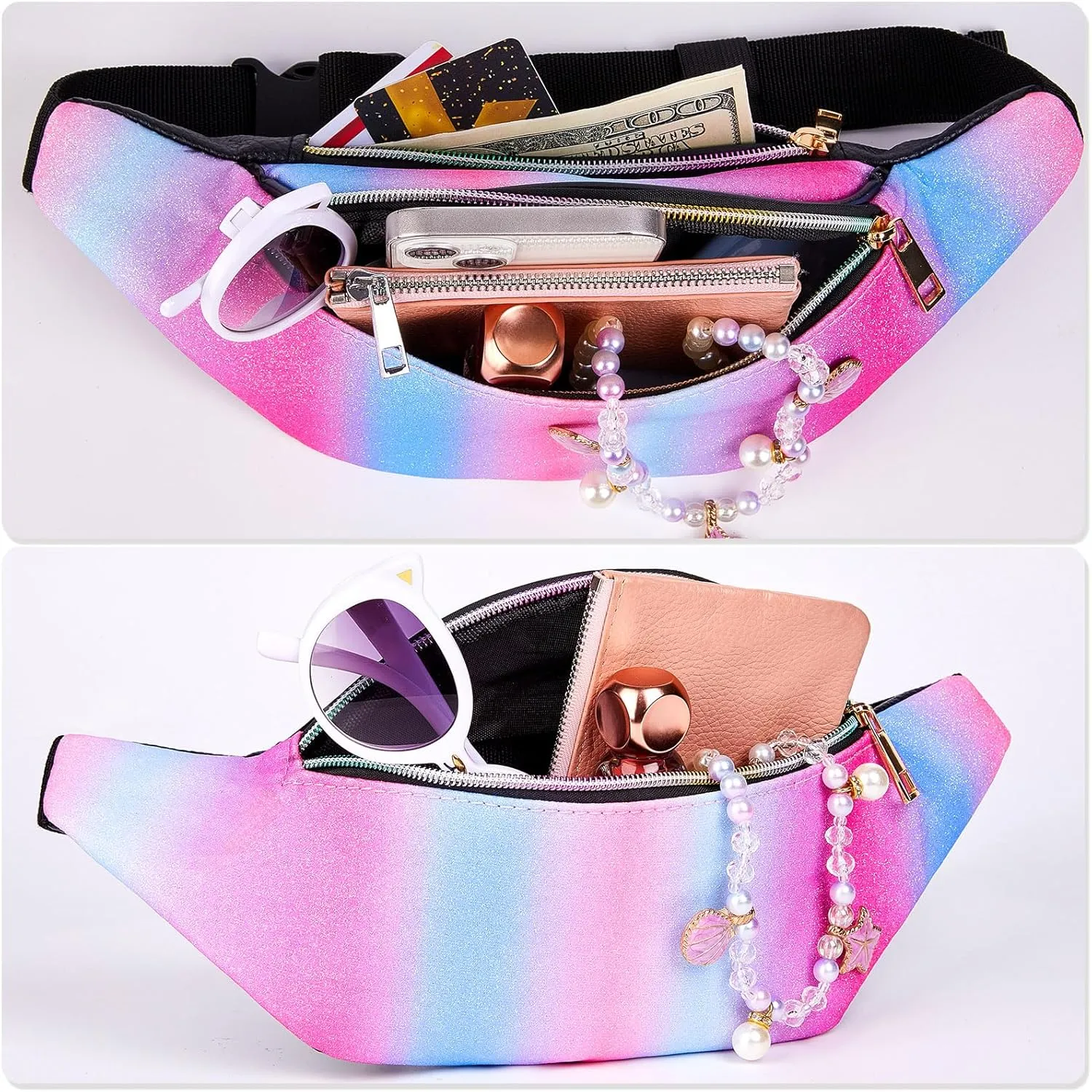 QtGirl Fanny Pack for Kids, Glitter Waist Bag Shiny Bags with Adjustable Belt for Children Sport Running, Camping, Trip