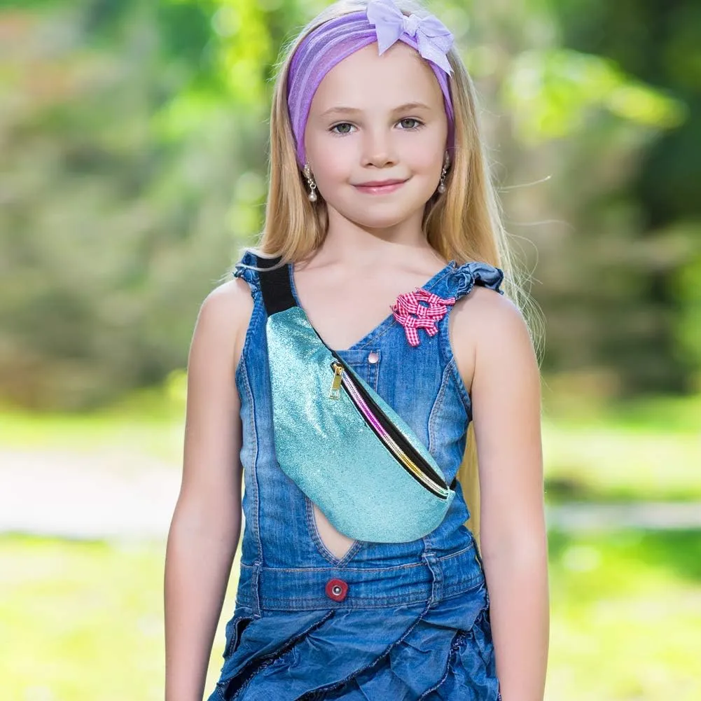QtGirl Fanny Pack for Kids, Glitter Waist Bag Shiny Bags with Adjustable Belt for Children Sport Running, Camping, Trip