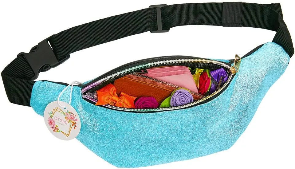 QtGirl Fanny Pack for Kids, Glitter Waist Bag Shiny Bags with Adjustable Belt for Children Sport Running, Camping, Trip