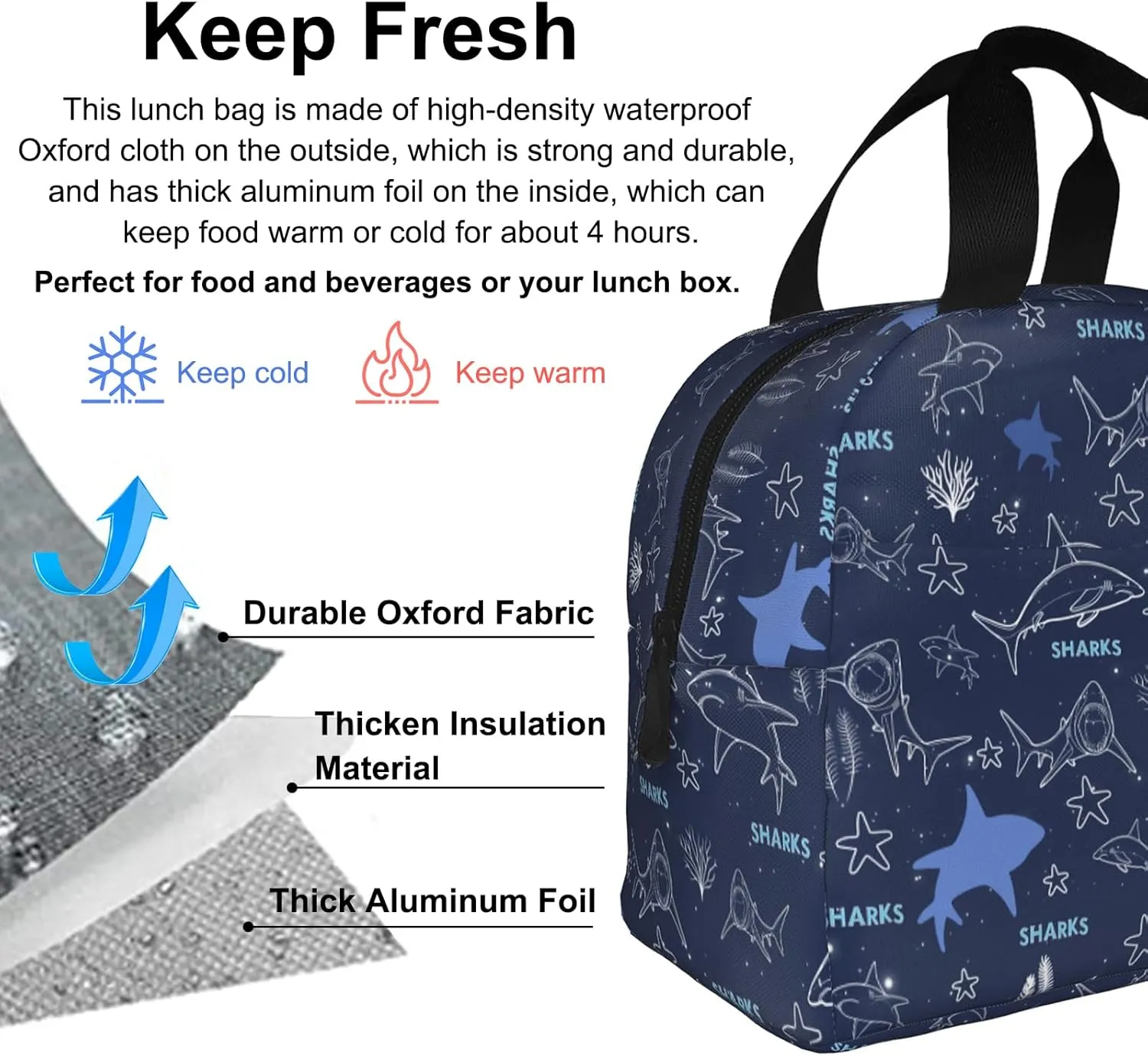 Sharks Lunch Bag, Reusable Insulated Lunch Box Large Capacity Meal Tote for Kids Women Men Cooler Bag, Durability of Lunch Tote for Work School Picnic Travel, Line Sharks