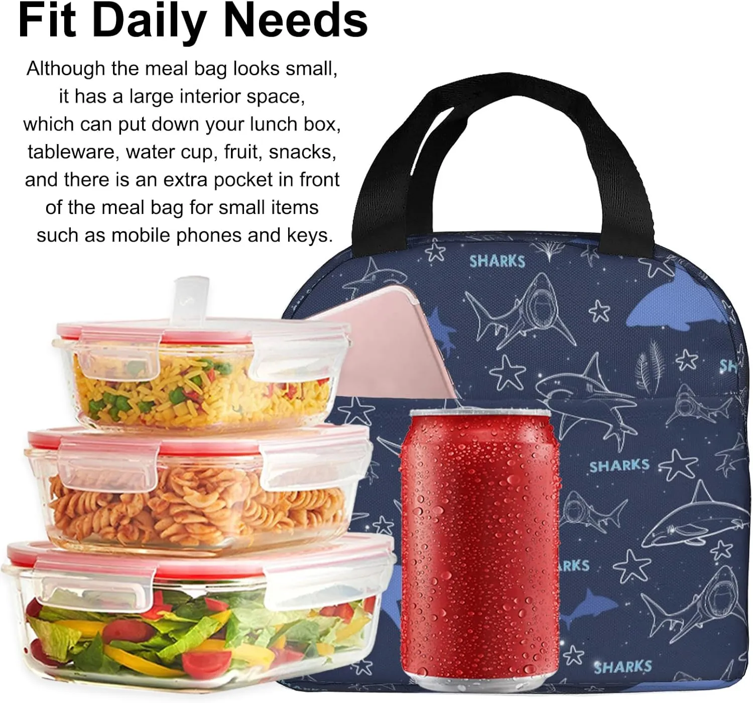 Sharks Lunch Bag, Reusable Insulated Lunch Box Large Capacity Meal Tote for Kids Women Men Cooler Bag, Durability of Lunch Tote for Work School Picnic Travel, Line Sharks