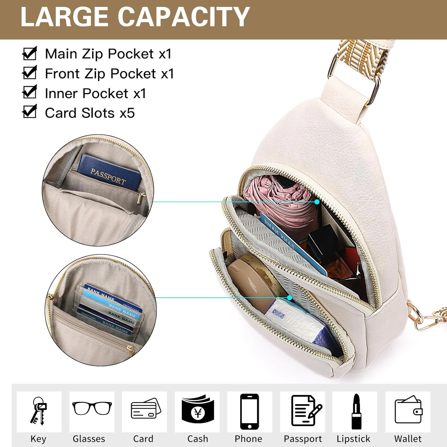 Small Sling Bag for Women, Vegan Leather Crossbody Fanny Packs Chest Bag With Guitar Strap