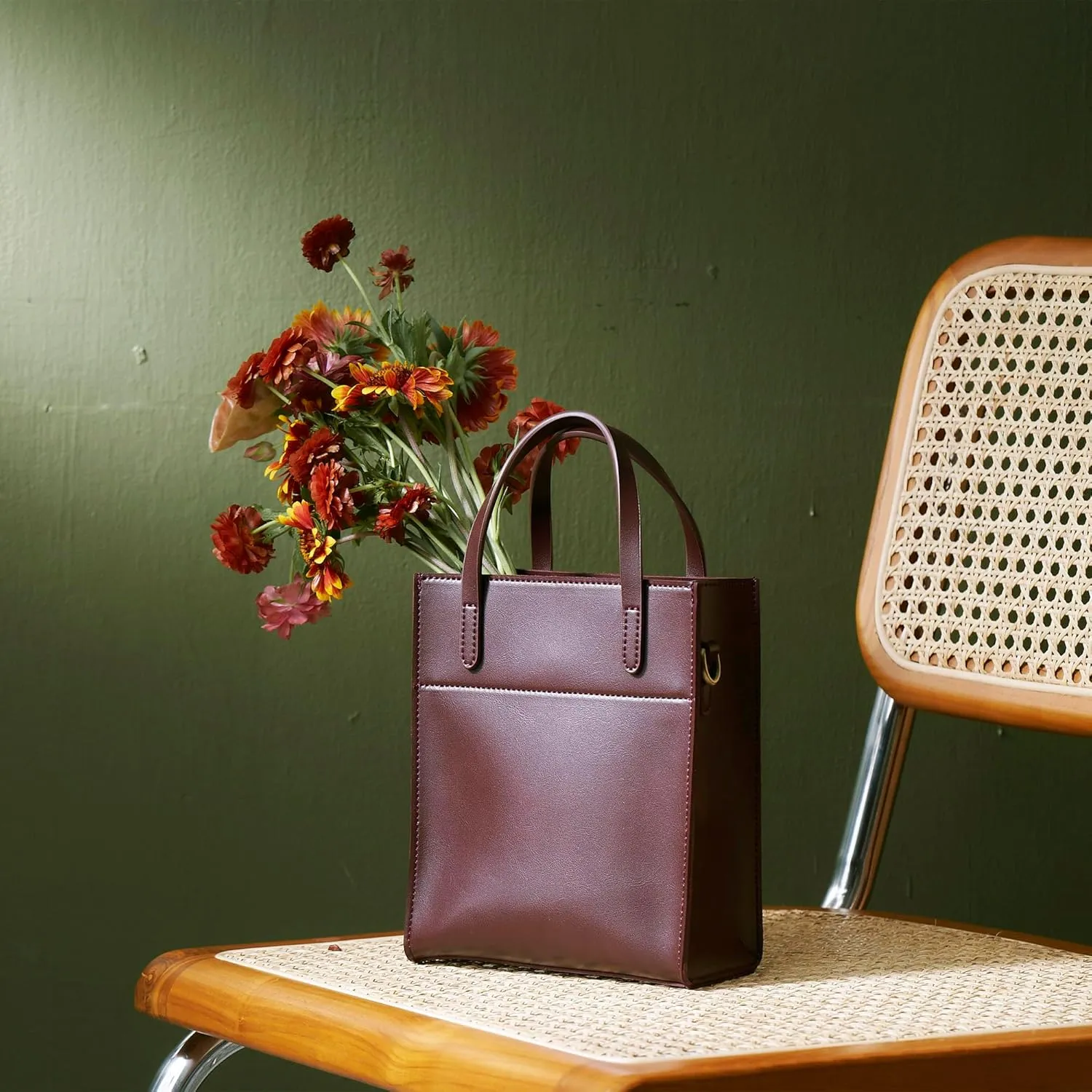SUNLIGHT LEAVES Vintage Vegan Leather Mini Tote Bag For Women Simple Small Handle Purse Cute Cell Phone Satchel Lady Handbag