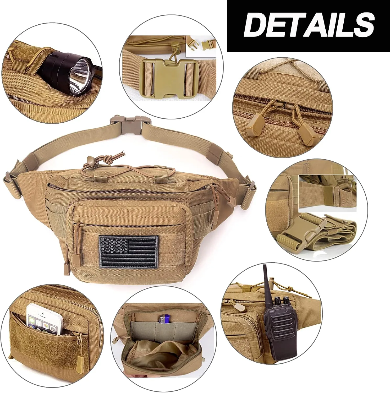 Tactical Fanny Pack, Military Waist Bag Hip Belt Bumbag Utility Bags for Outdoor Hiking Climbing Fishing with U.S Patch (Black Black)