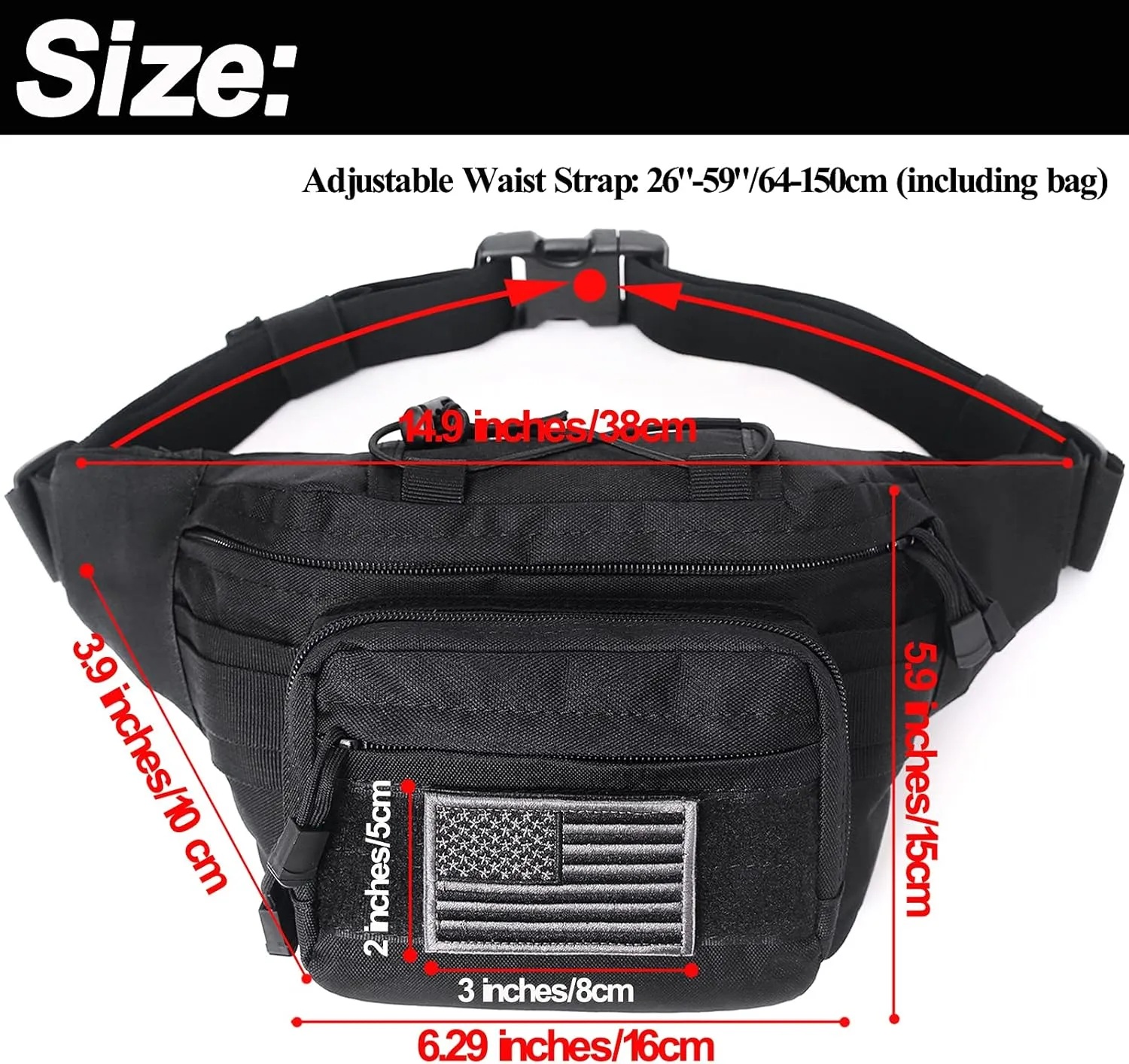 Tactical Fanny Pack, Military Waist Bag Hip Belt Bumbag Utility Bags for Outdoor Hiking Climbing Fishing with U.S Patch (Black Black)