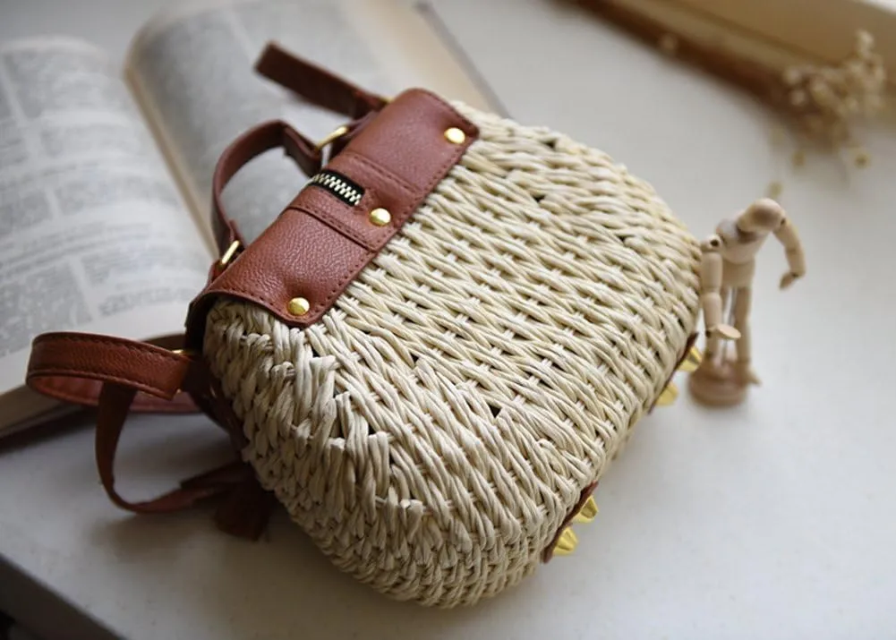 TONWHAR Retro Beach Bag with Tassels Hand-woven Straw Purse