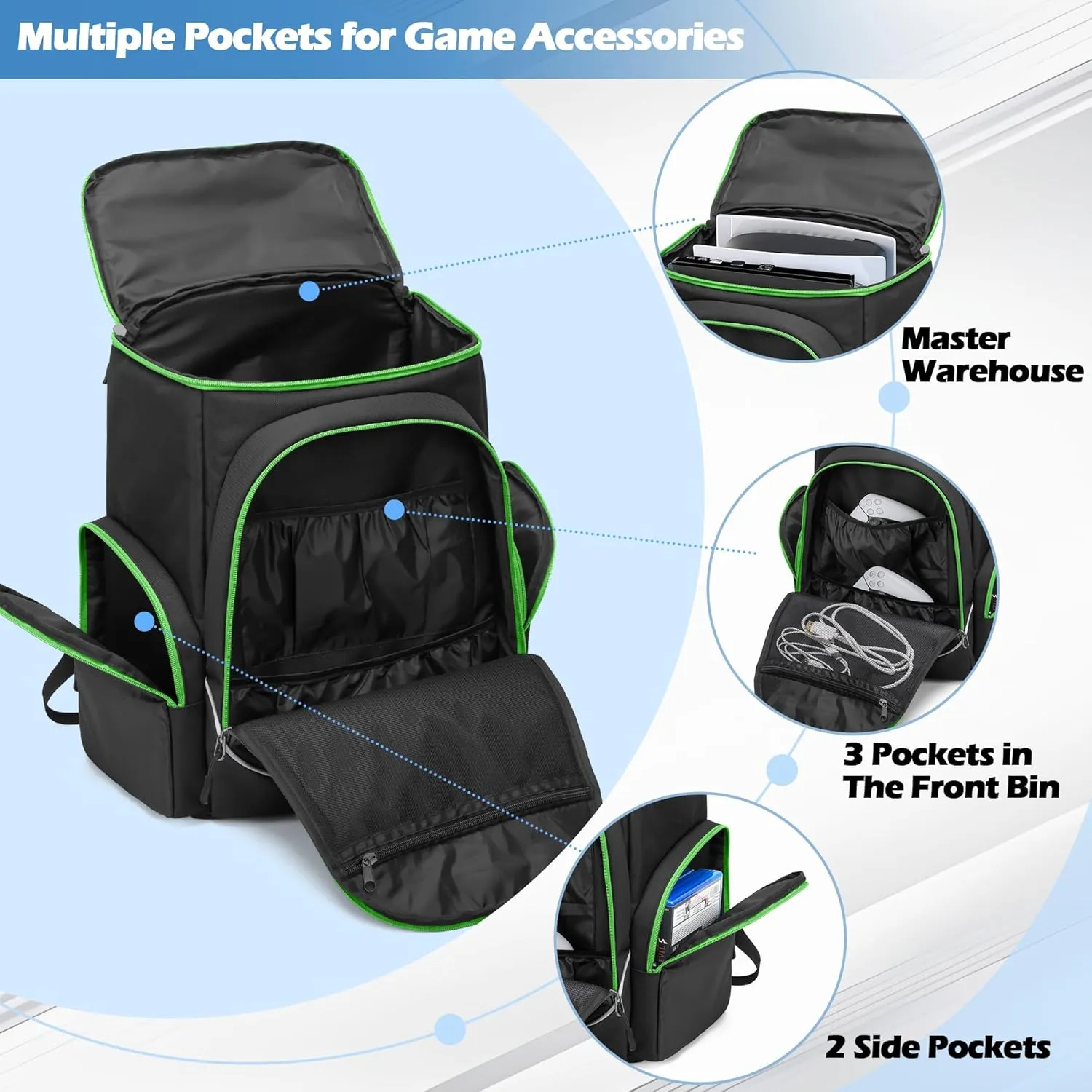 Trunab Gaming Console Backpack Compatible with Playstation 5 / PS5 Slim / PS4 / Xbox One, Travel Carrying Bag with Multiple Pockets for 15.6 Laptop and Gaming Accessories