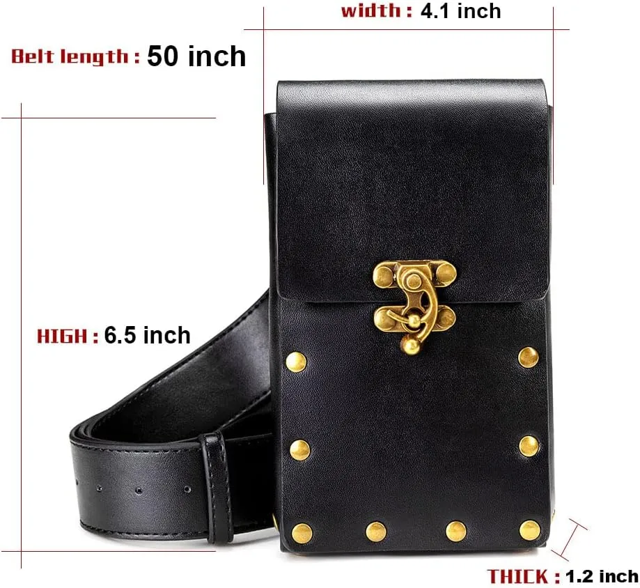 Waist Bag Belt Purse Fanny Pack Crossbody Motorcycle Hiking Phone Holder Wallet Vintage Leather Casual Fashion Daypack Gothic Festival Costume Hip Pouch for Women Men (Black)