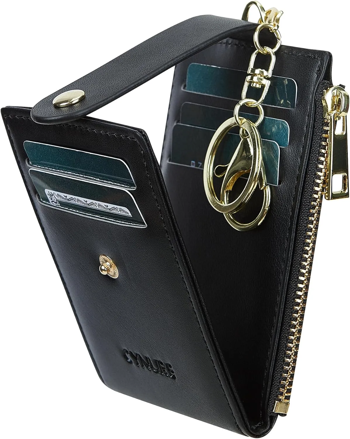 Women & Men Leather RFID Blocking Card Holder Slim Small Zipper Keychain Front Pocket Wallet with 2 ID Window,
