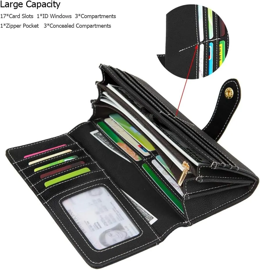 Women's Vegan Leather 17 Card Slots Card Holder Long Big Bifold Wallet